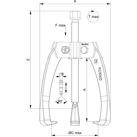 Poręczny, 3-ramienny ściągacz przemysłowy 650 x 500 mm z przenoszeniem siły i samocentrującymi się nogami ściągacza Kukko kod: 45-8 - 2